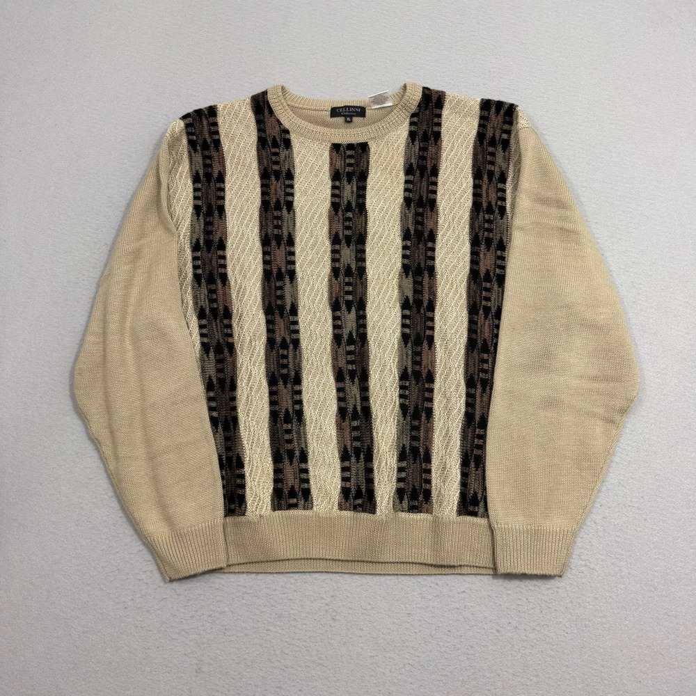 Vintage Cellinni Sweater Mens XL Tan Vertical Stripe Wool Blend Biggie Cosby 90s